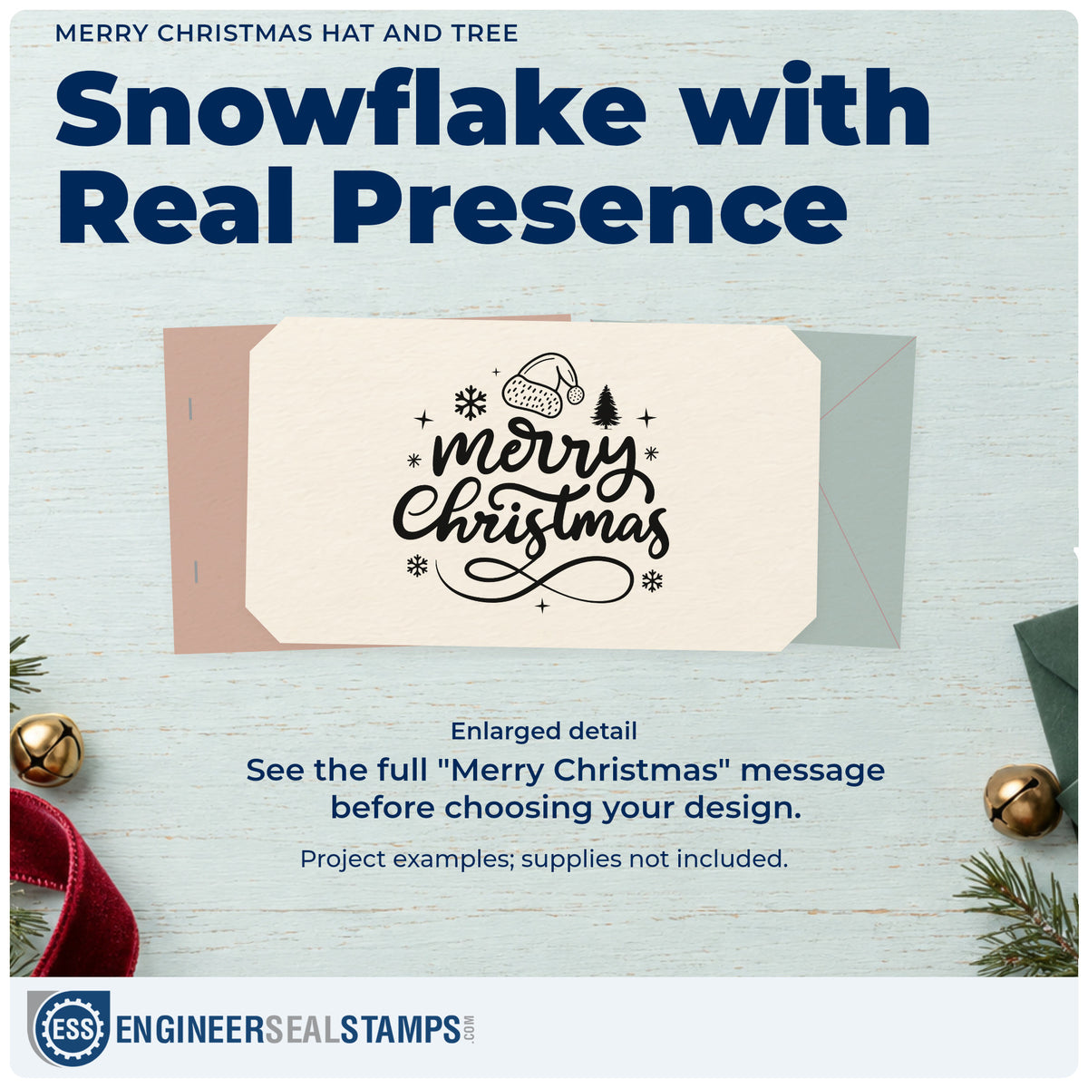 Enlarged detail of the Merry Christmas Hat And Tree Snowflakes Pre-Inked Stamp – PSI imprint. “Merry Christmas” is accented with a Santa hat, small tree, snowflakes, stars, and a looping flourish.
