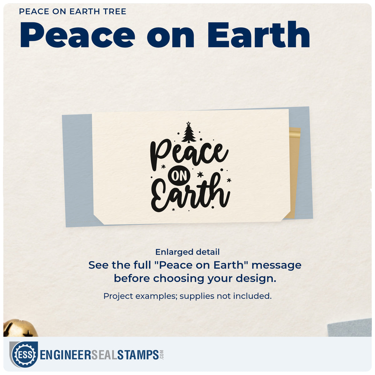 Enlarged detail of the Duo Hand Peace On Earth Tree With Stars Rubber Stamp imprint. “Peace on Earth” appears with a small Christmas tree and scattered stars and dots.