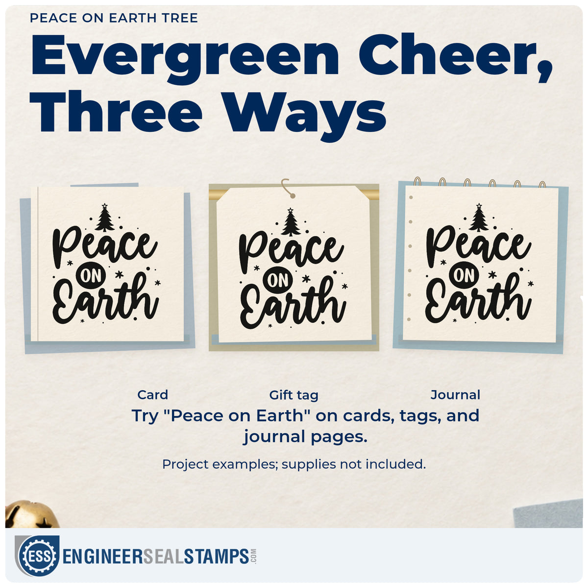 Three project examples made with the Peace On Earth Tree With Stars Self-Inking Stamp, including food bank labels.