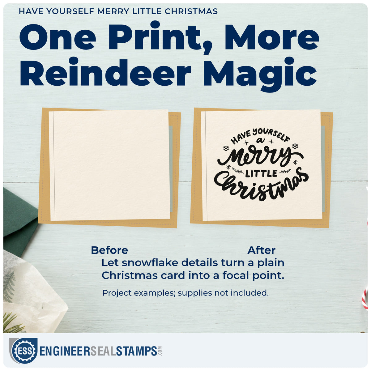 Before and after of a plain item finished with the Have Yourself A Merry Little Christmas Rubber Stamp – Wood Handle, a quick upgrade for sleeve fold seals.