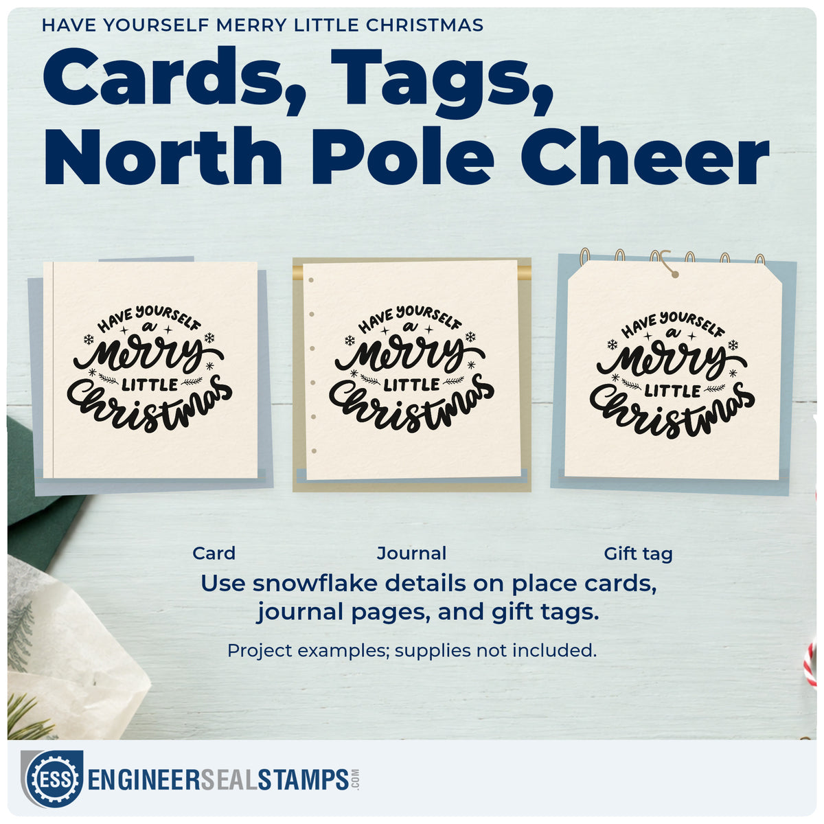 Three project examples made with the Have Yourself A Merry Little Christmas Stamp – Slim Pre-Inked, including vinyl crate labels.