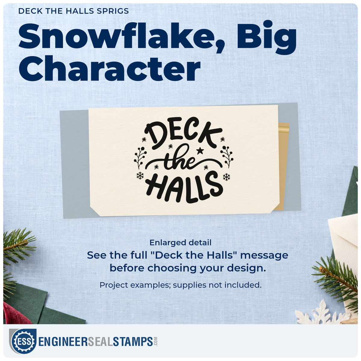 Enlarged detail of the Deck The Halls Sprigs Leafy Branches Rubber Stamp – Duo Hand imprint. “Deck the Halls” features stars, snowflakes, and leafy branches.