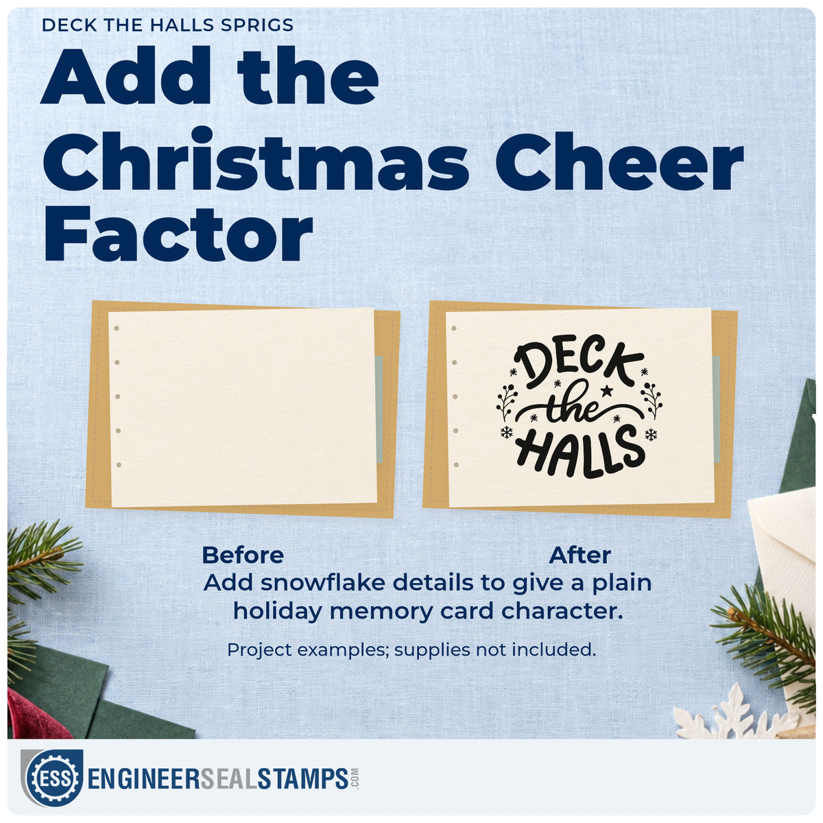 Before and after of a plain item finished with the Deck The Halls Sprigs Leafy Branches Slim Pre-Inked Stamp, a quick upgrade for storage bag seals.