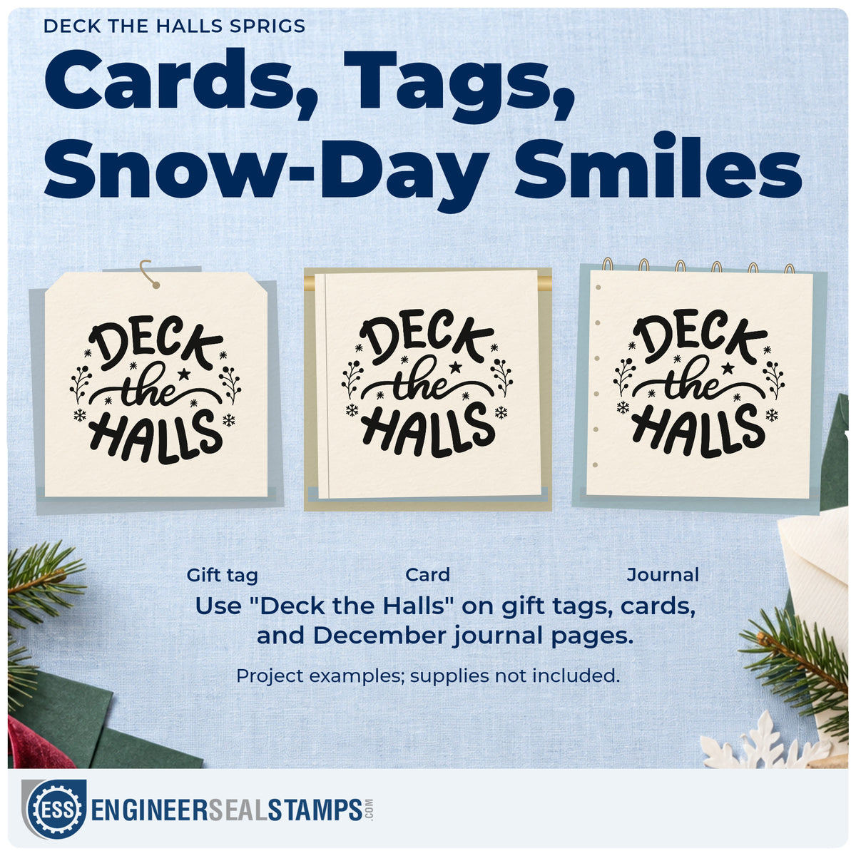 Three project examples made with the Deck The Halls Sprigs Leafy Branches Pre-Inked Stamp – PSI, including bauble crate labels.