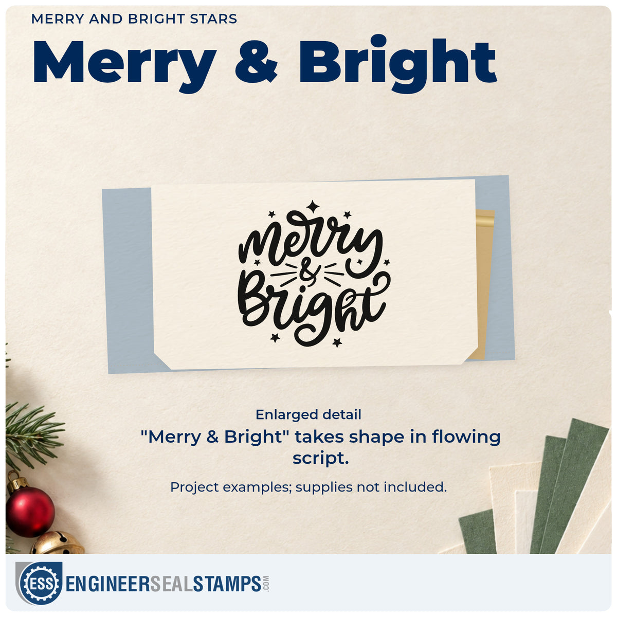 Enlarged detail of the Merry And Bright Stars Rubber Stamp – Wood Handle imprint. “Merry & Bright” appears in thick flowing script with stars and radiating strokes.
