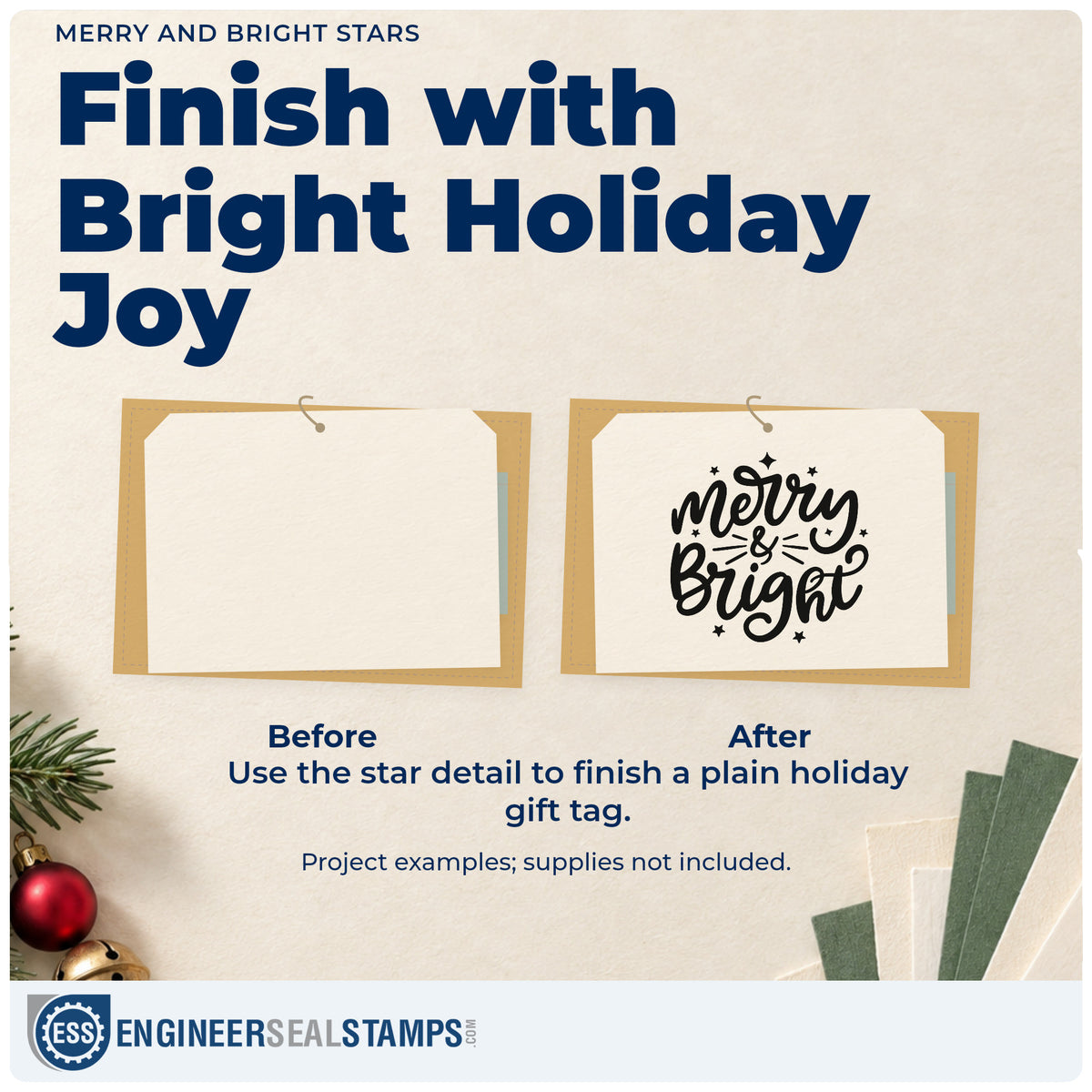 Before and after of a plain item finished with the Merry And Bright Stars Hand Stamp – Duo, a quick upgrade for programme seals.