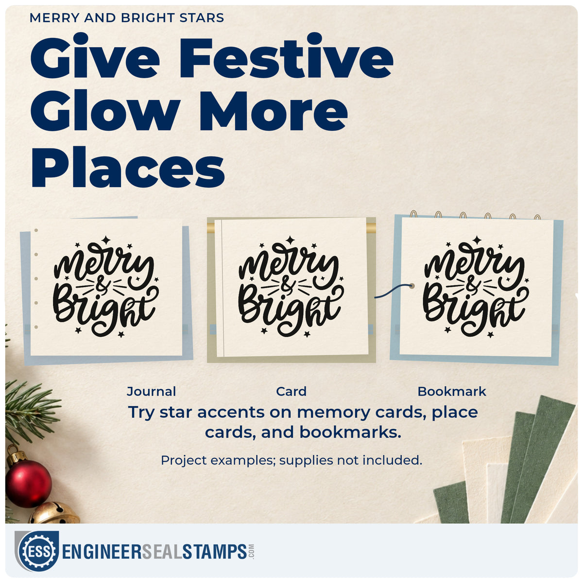 Three project examples made with the Merry And Bright Stars Hand Stamp – Duo, including lantern jar labels.