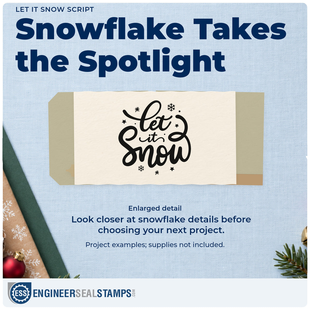 Enlarged detail of the Let It Snow Rubber Stamp – Duo Hand imprint. “Let It Snow” appears in large looping script surrounded by snowflakes and stars.