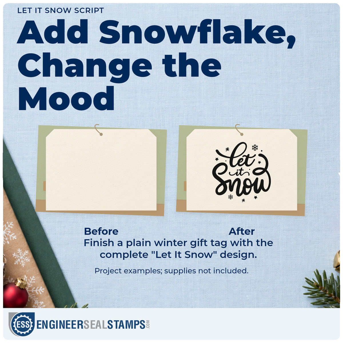 Before and after of a plain item finished with the Let It Snow Compact Pre-Inked Stamp – Slim, a quick upgrade for sledge bag seals.