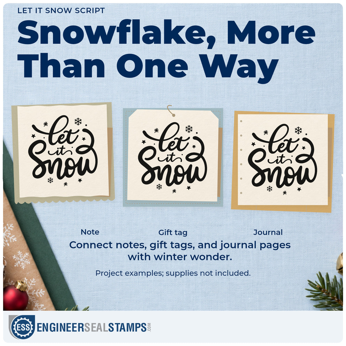 Three project examples made with the Let It Snow Rubber Stamp – Duo Hand, including hot drink labels.