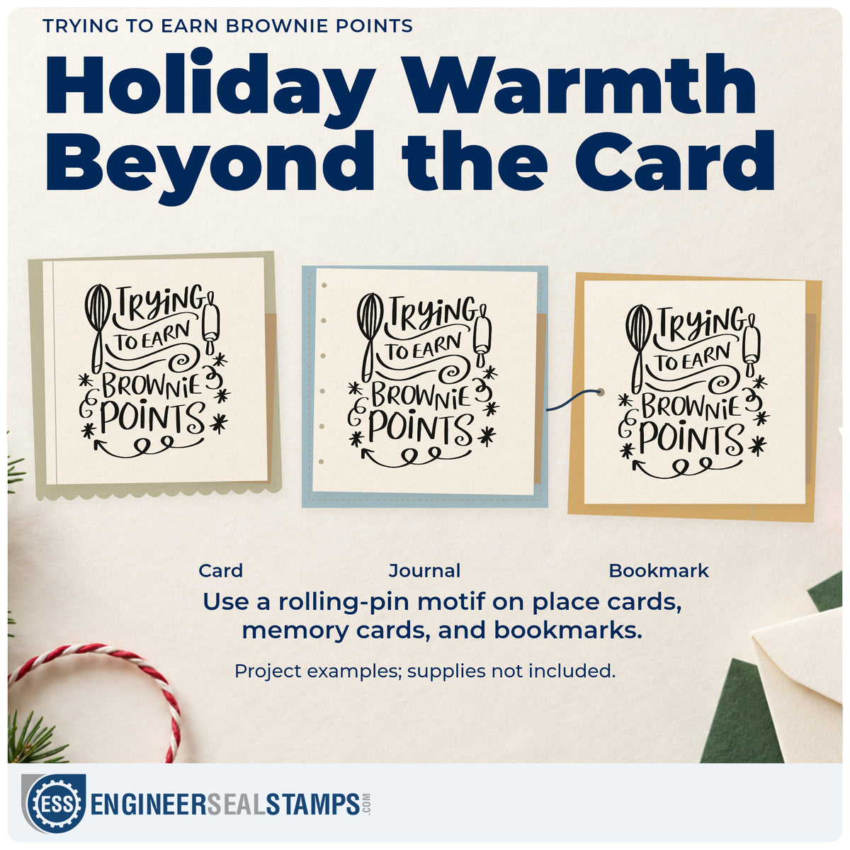 Three project examples made with the PSI Pre-Inked Trying To Earn Brownie Points Stamp, including baking tin labels.
