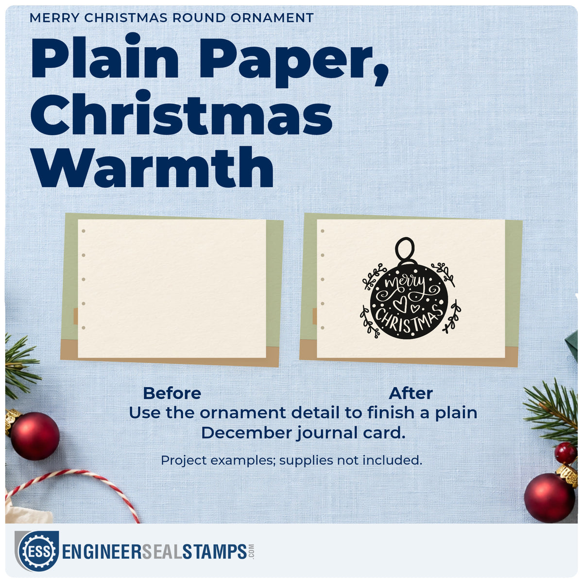 Before and after of a plain item finished with the Merry Christmas Round Ornament Botanical Sprig Pre-Inked Stamp – PSI, a quick upgrade for tissue wrap seals.
