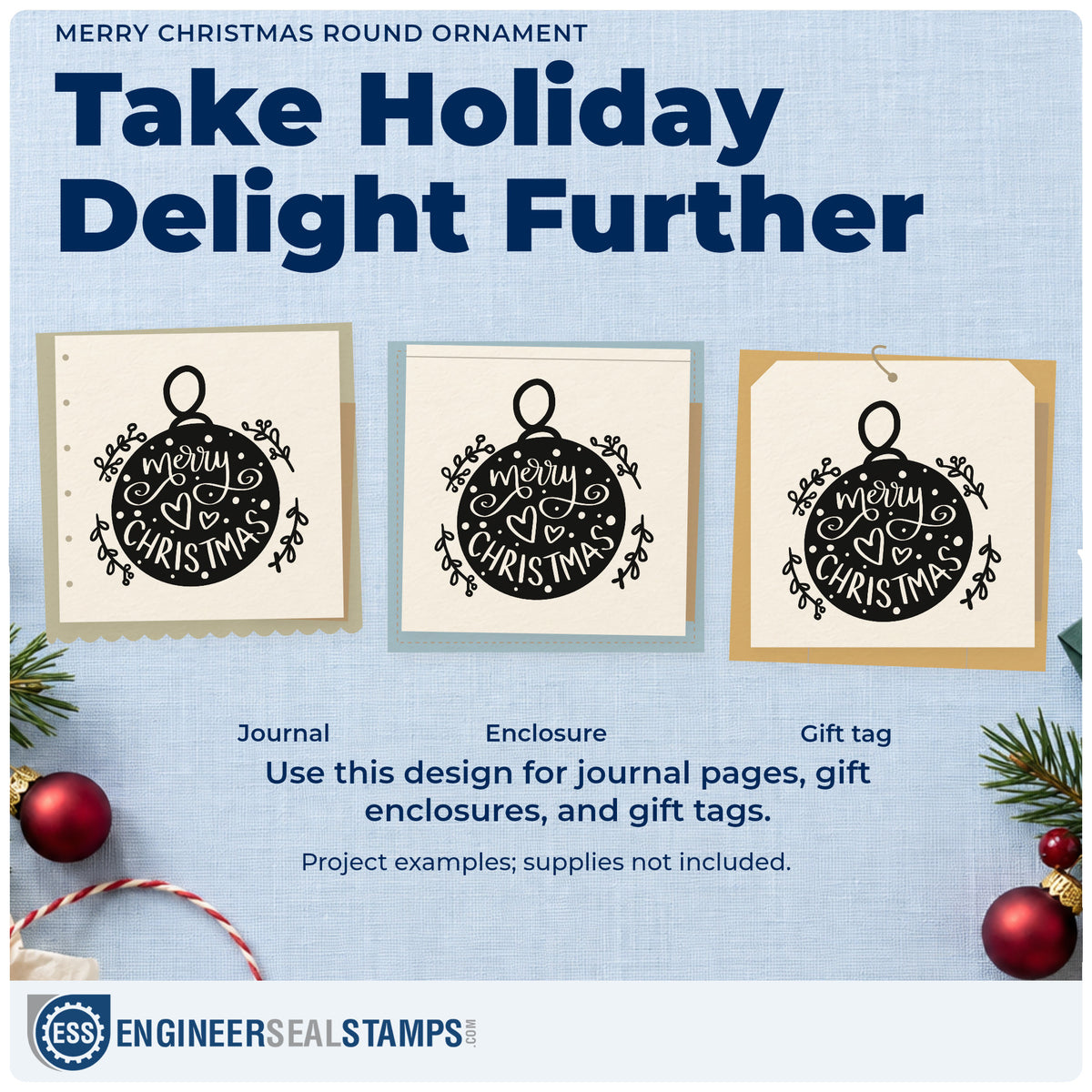 Three project examples made with the Slim Pre-Inked Merry Christmas Round Ornament Botanical Sprig Stamp, including bauble box labels.