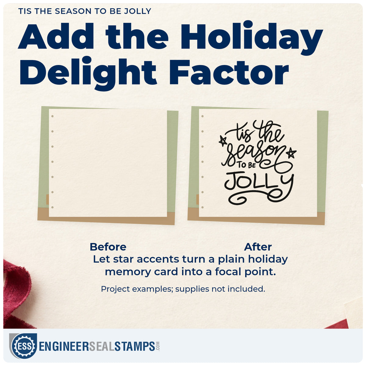 Before and after of a plain item finished with the Tis The Season To Be Jolly With Stars Self-Inking Stamp, a quick upgrade for take home seals.