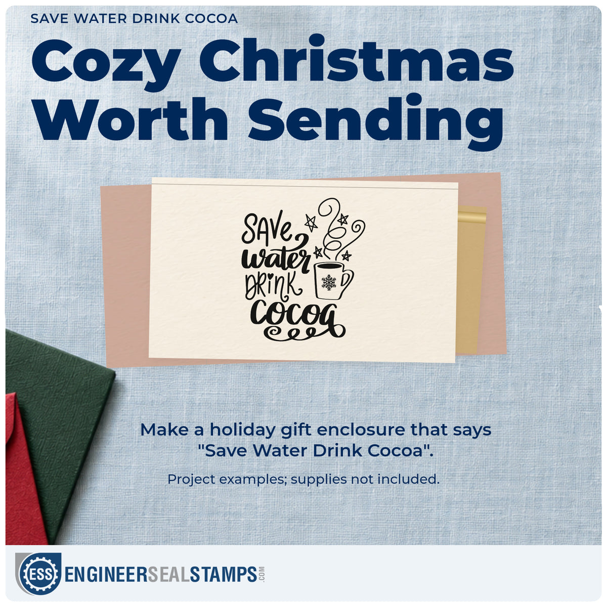 A finished handmade project stamped with the Save Water Drink Cocoa Snowflakes Stamp – Duo Hand, ideal for cocoa kit tags.