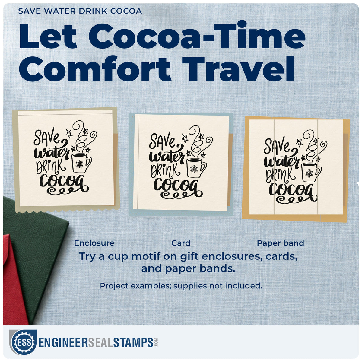 Three project examples made with the Save Water Drink Cocoa Snowflakes Stamp – Duo Hand, including marshmallow labels.