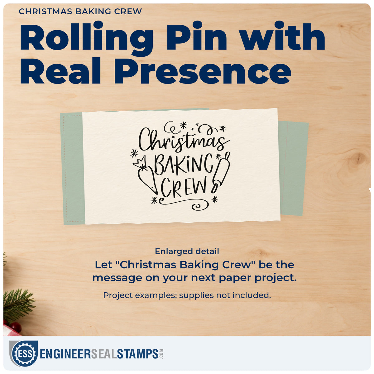 Enlarged detail of the Christmas Baking Crew Pre-Inked Stamp – Slim imprint. “Christmas Baking Crew” is surrounded by a piping bag, rolling pin, stars, and curls.