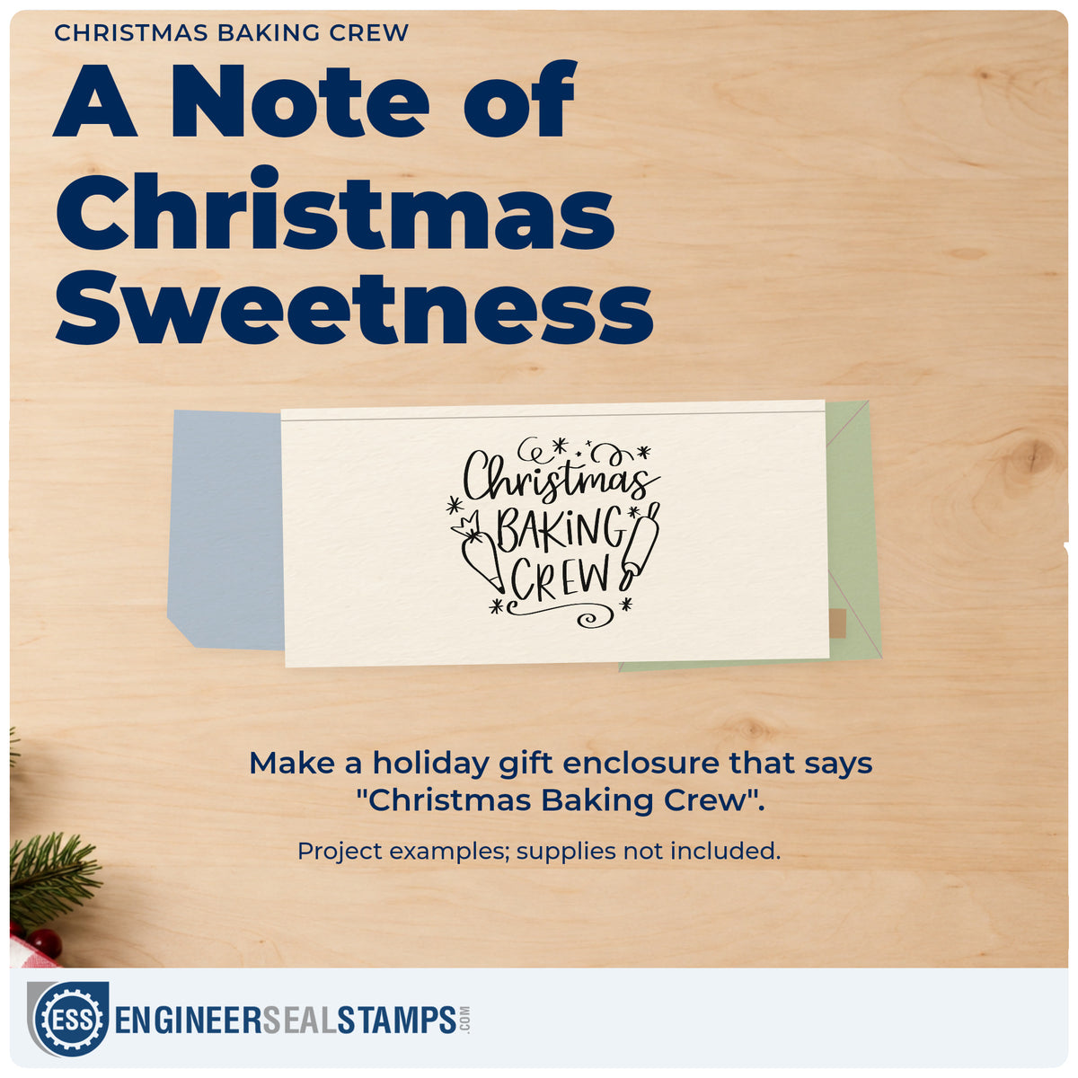 A finished handmade project stamped with the Christmas Baking Crew PSI Pre-Inked Stamp, ideal for crew apron tags.