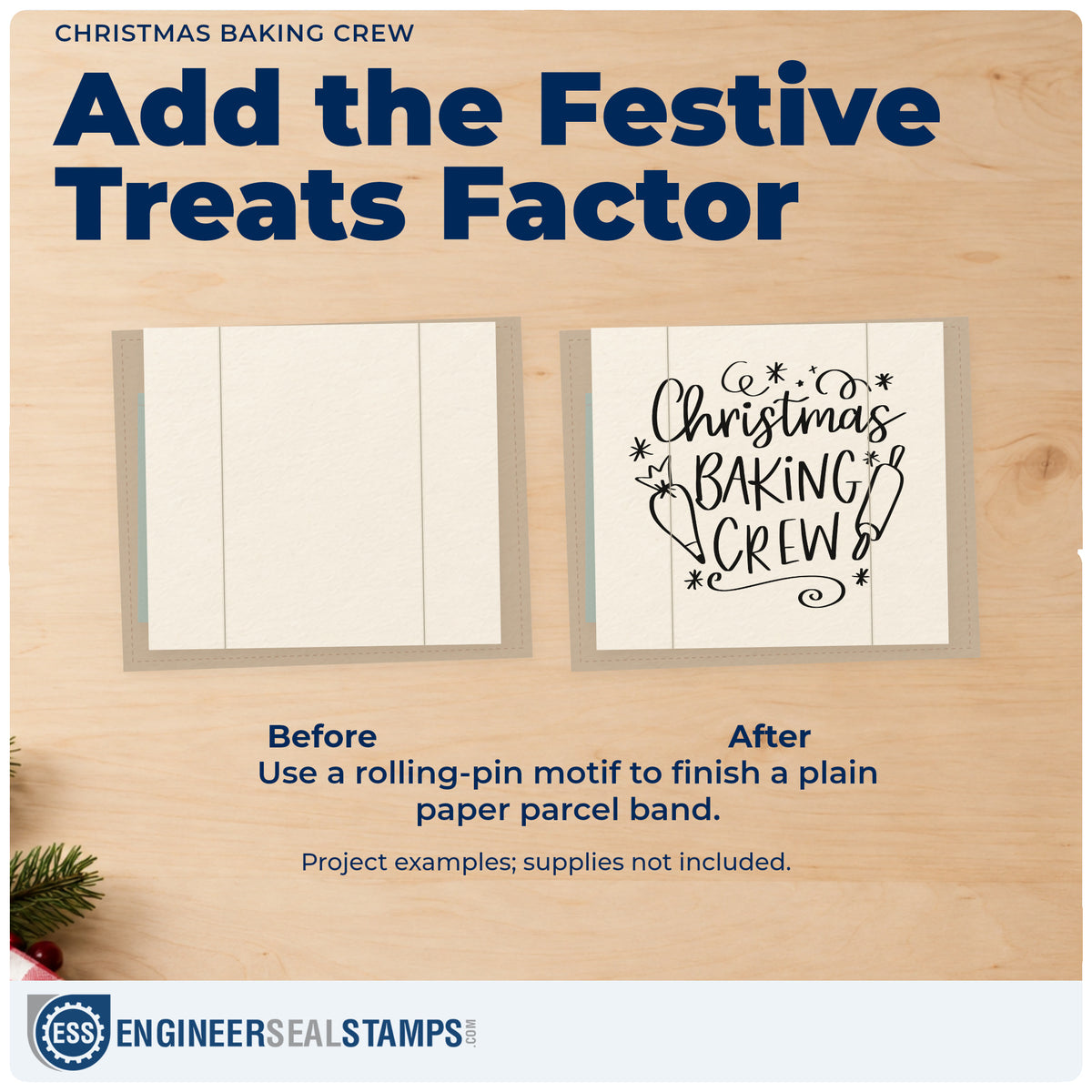 Before and after of a plain item finished with the Wood Handle Christmas Baking Crew Rubber Stamp, a quick upgrade for biscuit bag seals.