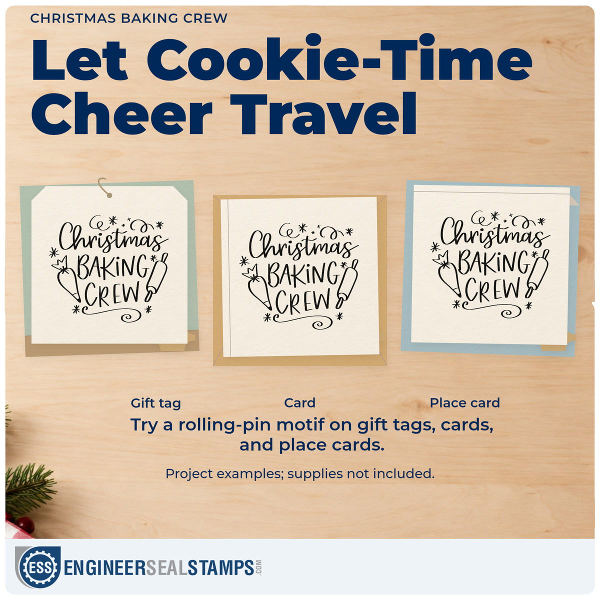 Three project examples made with the Wood Handle Christmas Baking Crew Rubber Stamp, including icing pot labels.