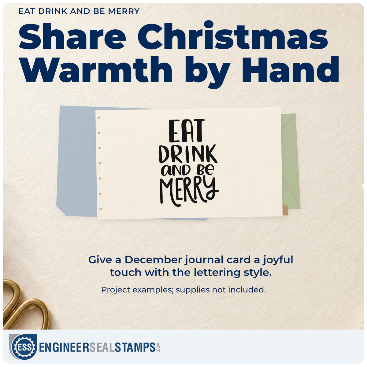 A finished handmade project stamped with the Duo Hand Eat Drink And Be Merry Lettering Rubber Stamp, ideal for place setting tags.