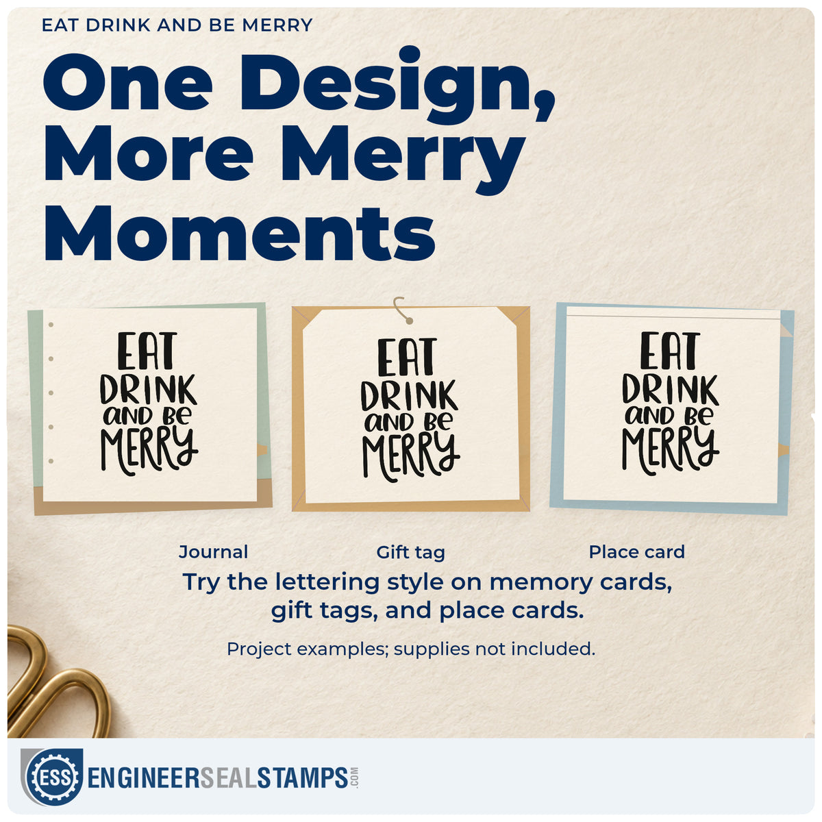 Three project examples made with the Duo Hand Eat Drink And Be Merry Lettering Rubber Stamp, including decanter neck labels.