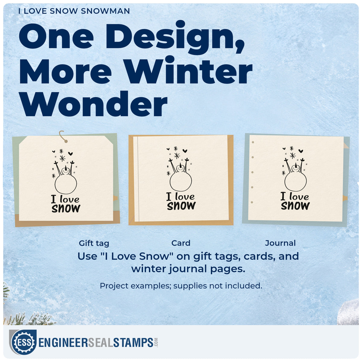 Three project examples made with the I Love Snow Snowman Hand Stamp – Duo, including carrot pack labels.