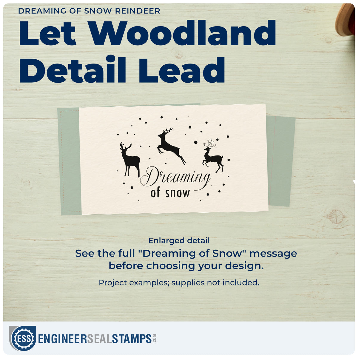 Enlarged detail of the Dreaming Of Snow Reindeer Rubber Stamp – Duo Hand imprint. Three reindeer silhouettes leap and stand above “Dreaming of Snow” amid scattered dots.