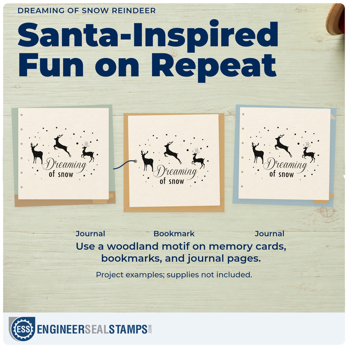 Three project examples made with the Dreaming Of Snow Reindeer Rubber Stamp – Duo Hand, including feed sack labels.
