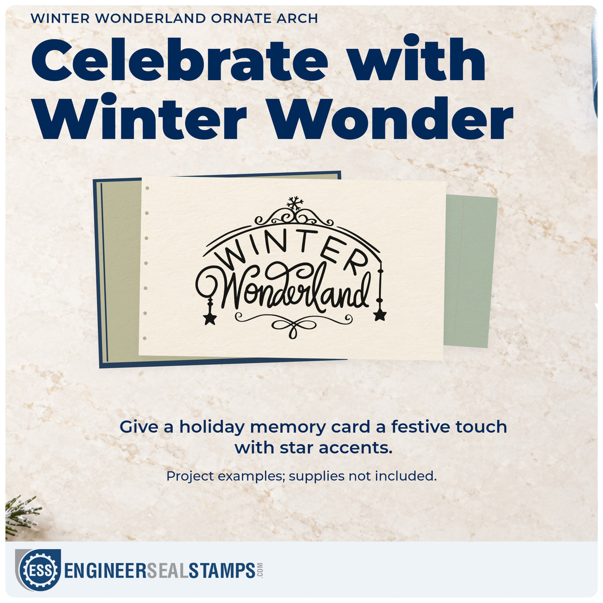 A finished handmade project stamped with the Winter Wonderland Ornate Arch With Stars PSI Pre-Inked Stamp, ideal for grotto entry tags.