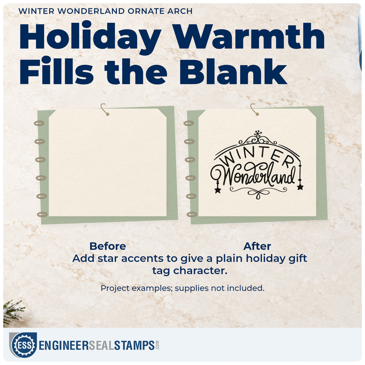 Before and after of a plain item finished with the Winter Wonderland Ornate Arch With Stars Self-Inking Stamp, a quick upgrade for wristband seals.
