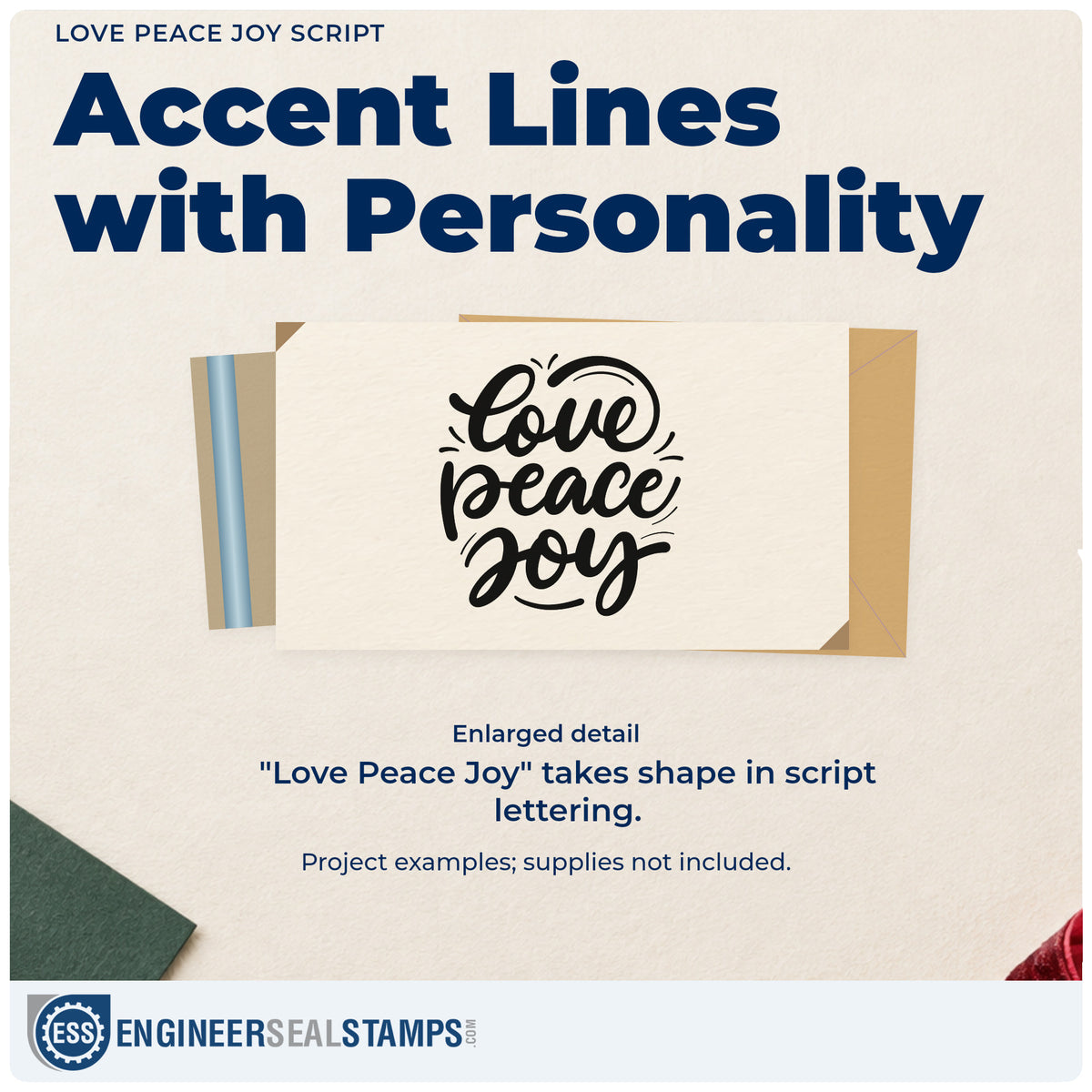 Enlarged detail of the Love Peace Joy Script Rubber Stamp – Wood Handle imprint. Three stacked script words read “Love Peace Joy” with short accent strokes.