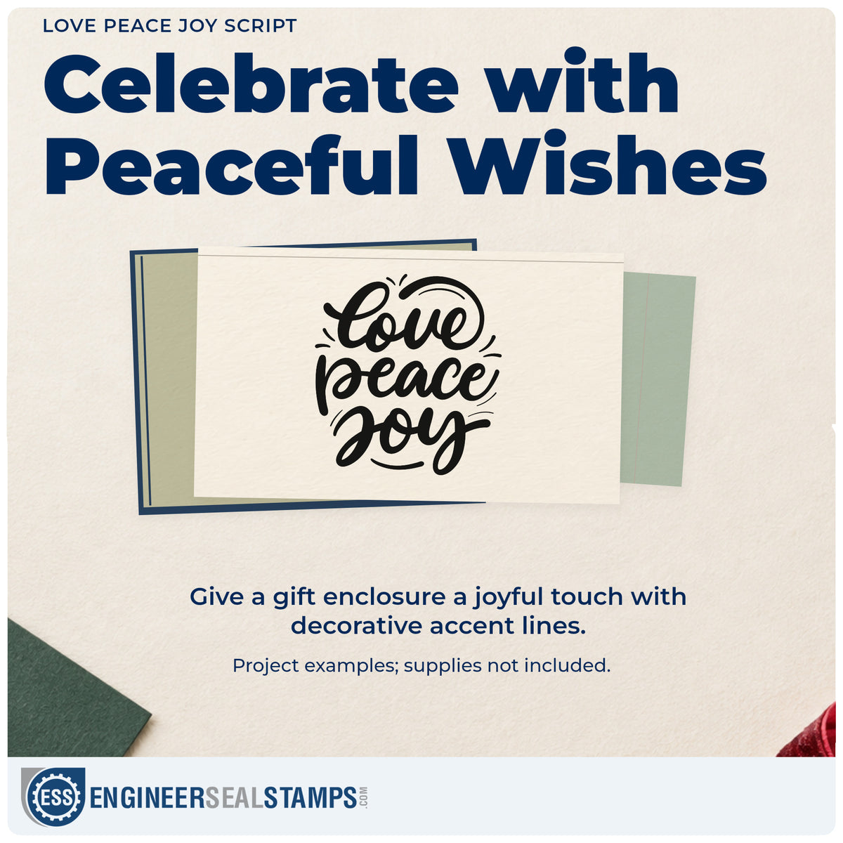 A finished handmade project stamped with the PSI Pre-Inked Love Peace Joy Script Stamp, ideal for advent week tags.