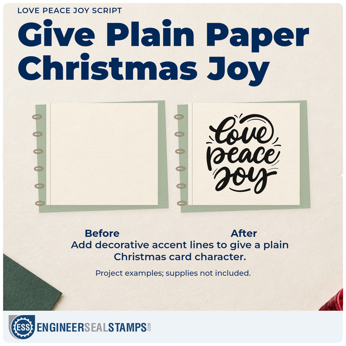 Before and after of a plain item finished with the Love Peace Joy Script Slim Pre-Inked Stamp, a quick upgrade for wreath box seals.