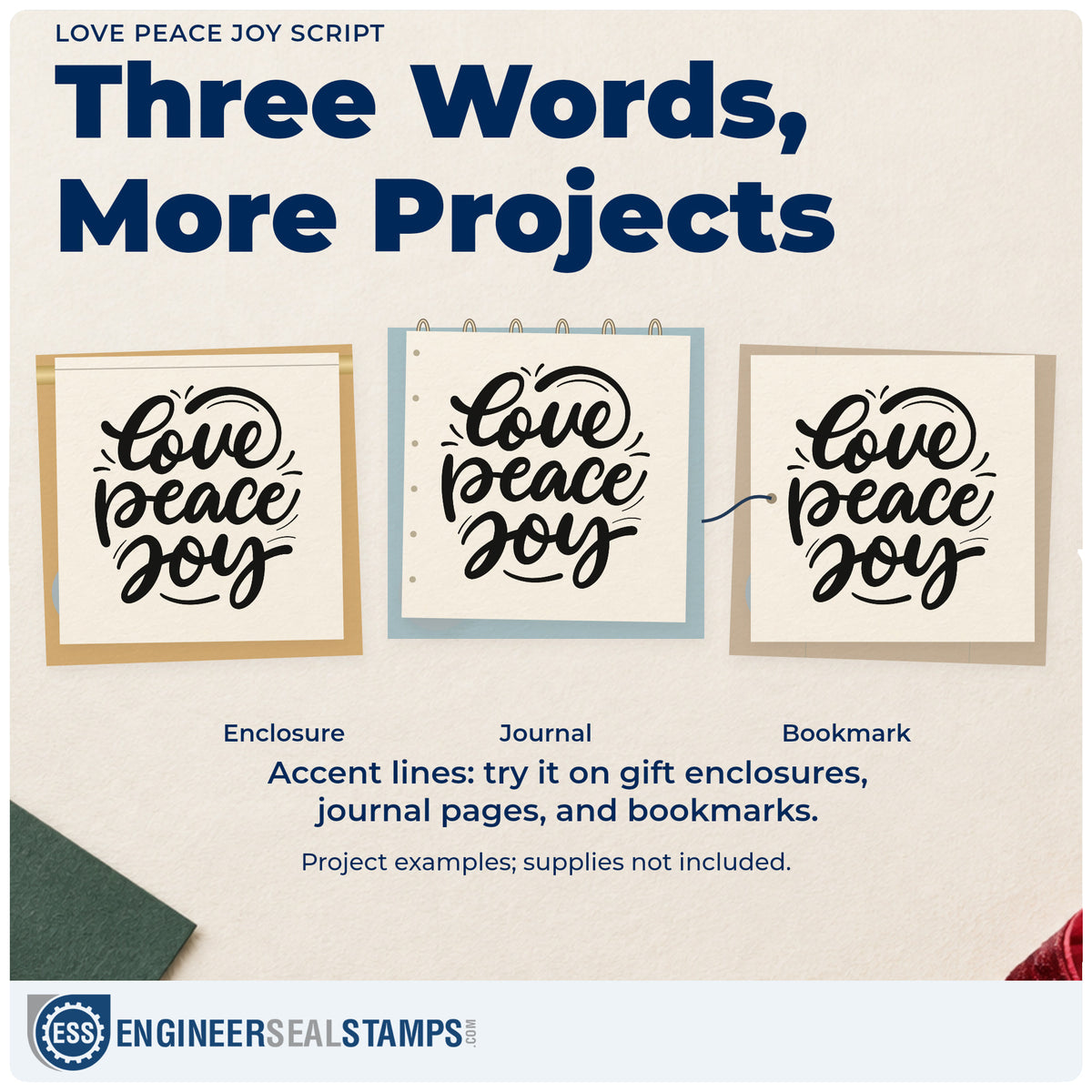 Three project examples made with the PSI Pre-Inked Love Peace Joy Script Stamp, including candle ring labels.
