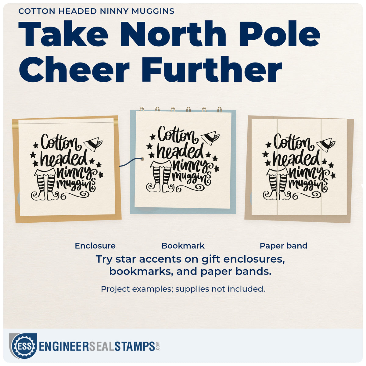 Three project examples made with the Cotton Headed Ninny Muggins Elf Rubber Stamp – Duo Hand, including popcorn tub labels.