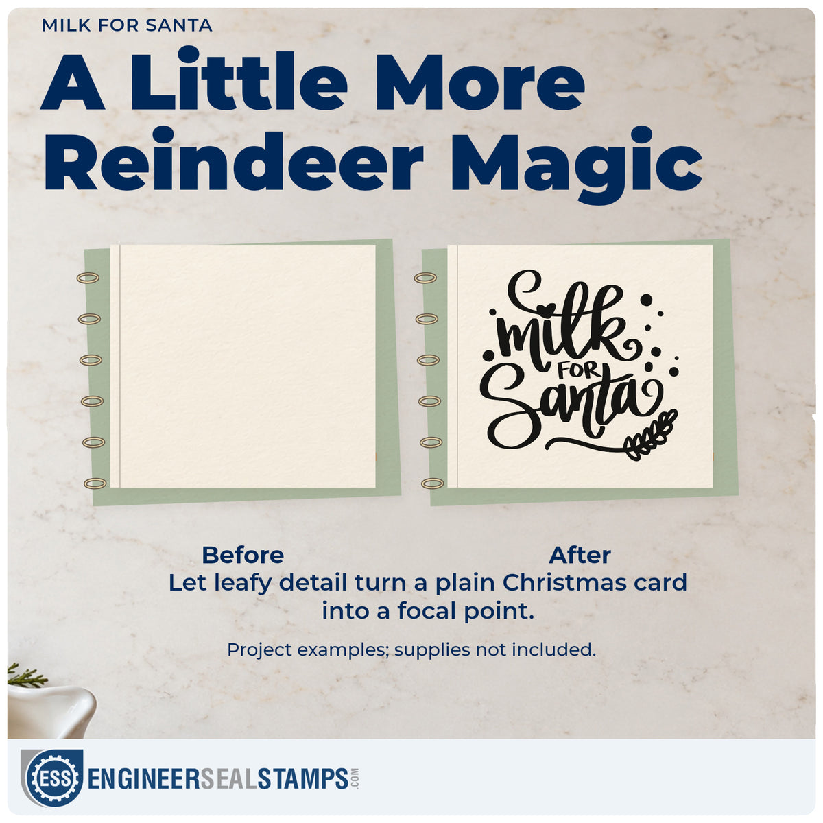 Before and after of a plain item finished with the Milk For Santa Wood-Mounted Rubber Stamp, a quick upgrade for mince pie seals.