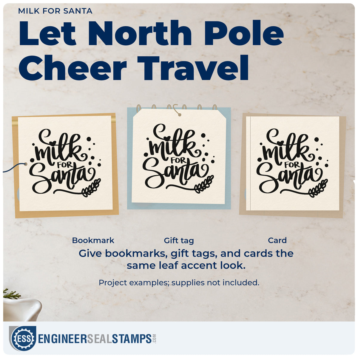 Three project examples made with the Milk For Santa PSI Pre-Inked Stamp, including glass base labels.