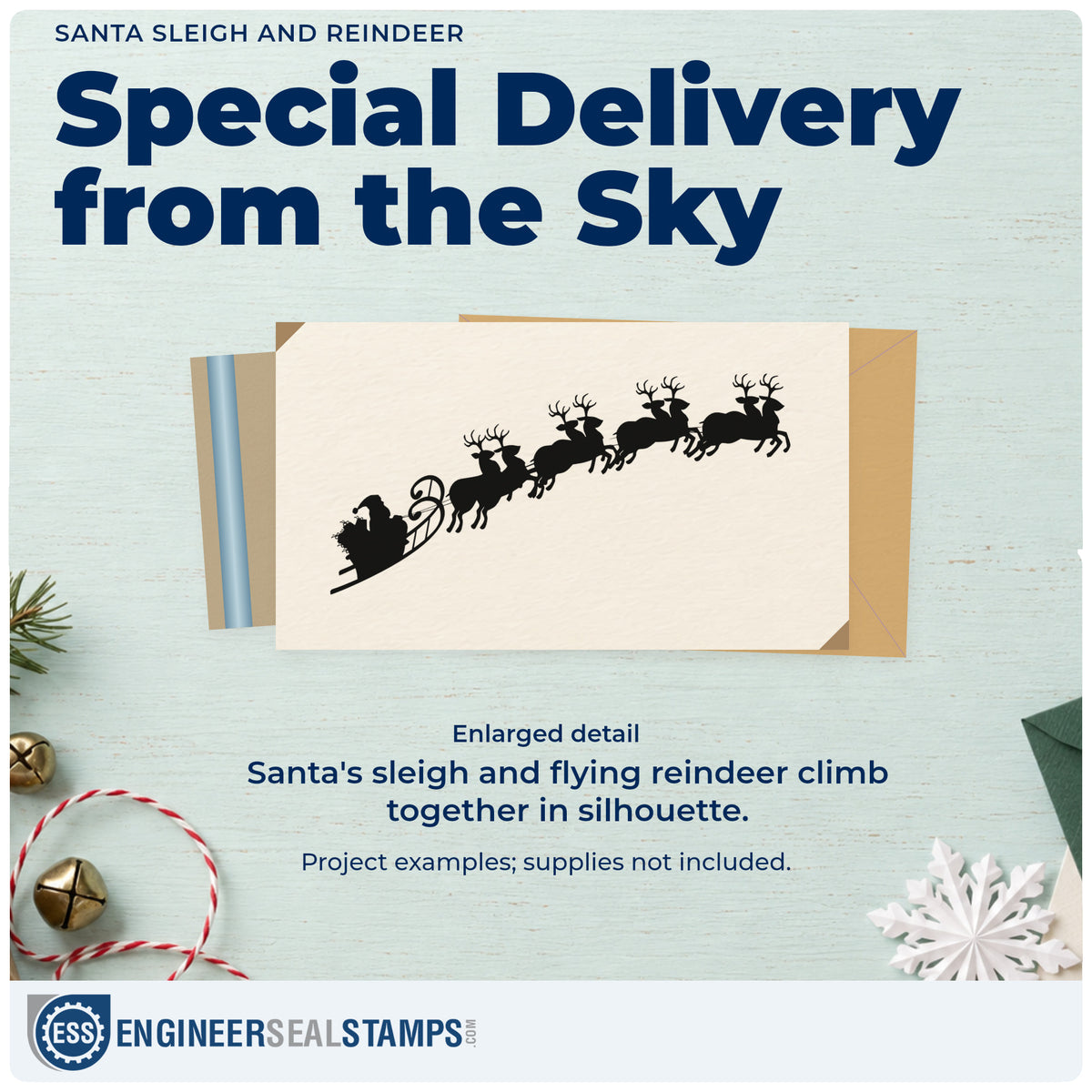 Enlarged detail of the Santa Sleigh And Reindeer Rubber Stamp – Wood Handle imprint. A silhouette of Santa's sleigh is pulled upward by a team of flying reindeer.