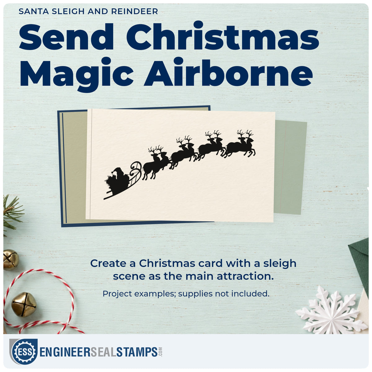 A finished handmade project stamped with the Santa Sleigh And Reindeer Rubber Stamp – Wood Handle, ideal for flight path tags.