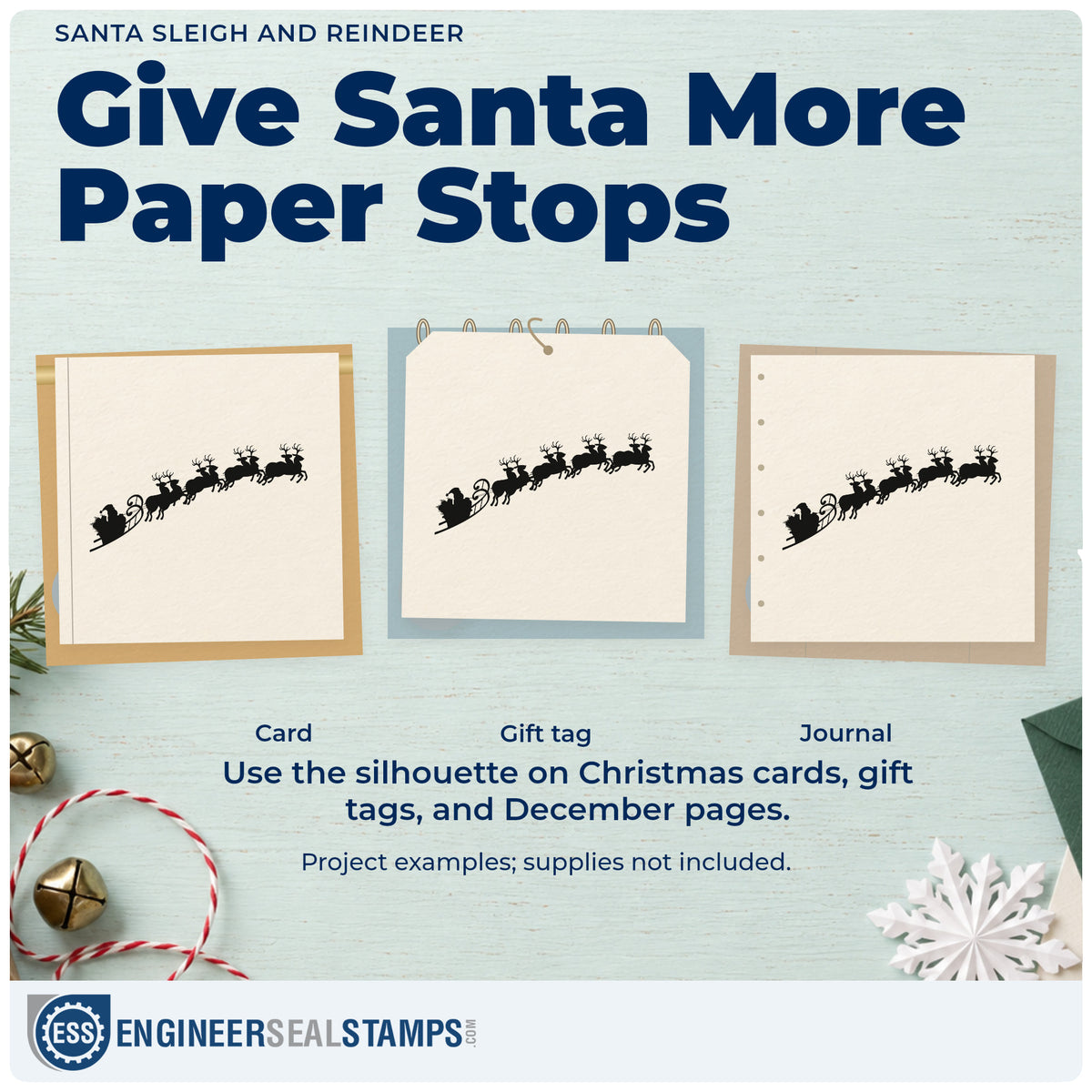 Three project examples made with the Self-Inking Santa Sleigh And Reindeer Stamp, including gift sack labels.