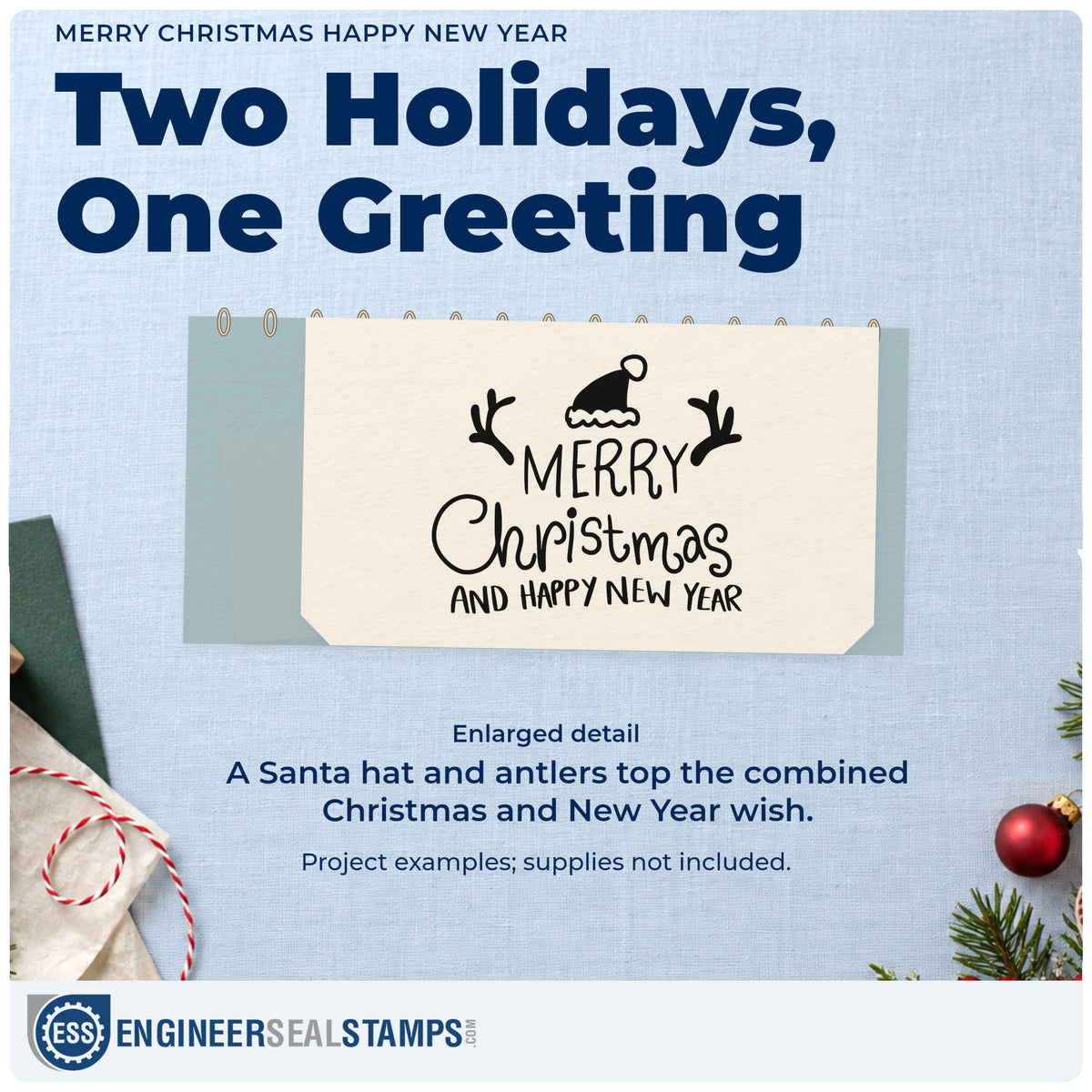 Enlarged detail of the Merry Christmas And Happy New Year Stamp – Self-Inking imprint. “Merry Christmas and Happy New Year” appears beneath a Santa hat flanked by antlers.