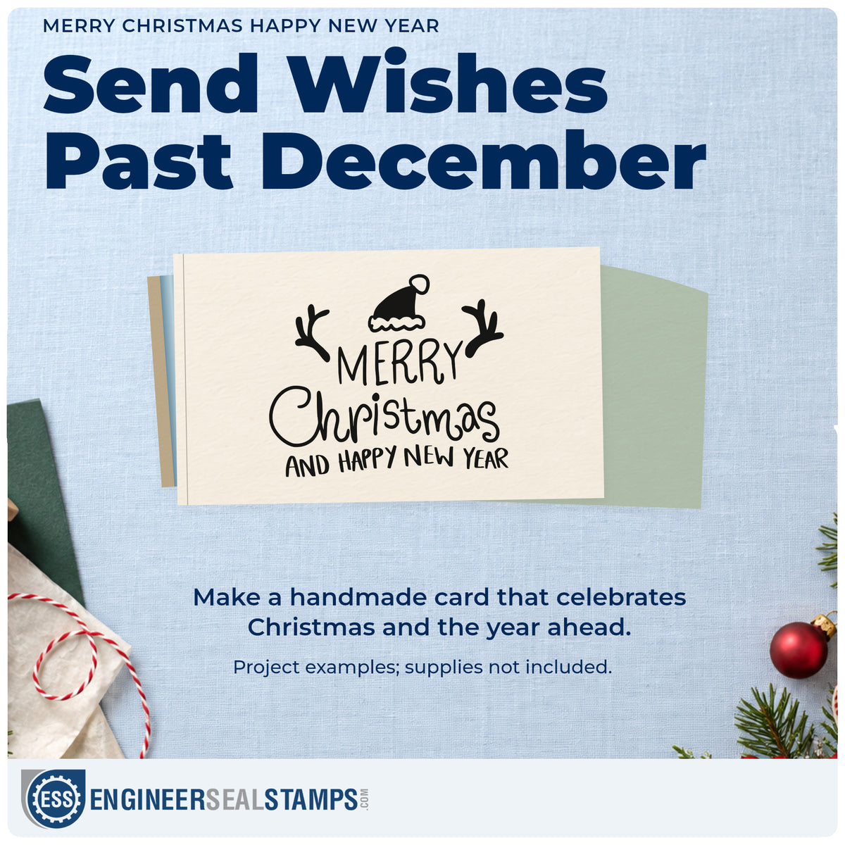 A finished handmade project stamped with the Merry Christmas And Happy New Year PSI Pre-Inked Stamp, ideal for double gift tags.