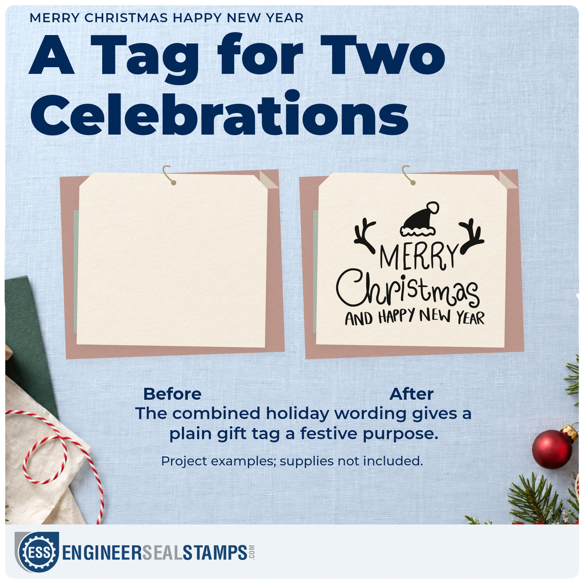 Before and after of a plain item finished with the Merry Christmas And Happy New Year PSI Pre-Inked Stamp, a quick upgrade for late post seals.