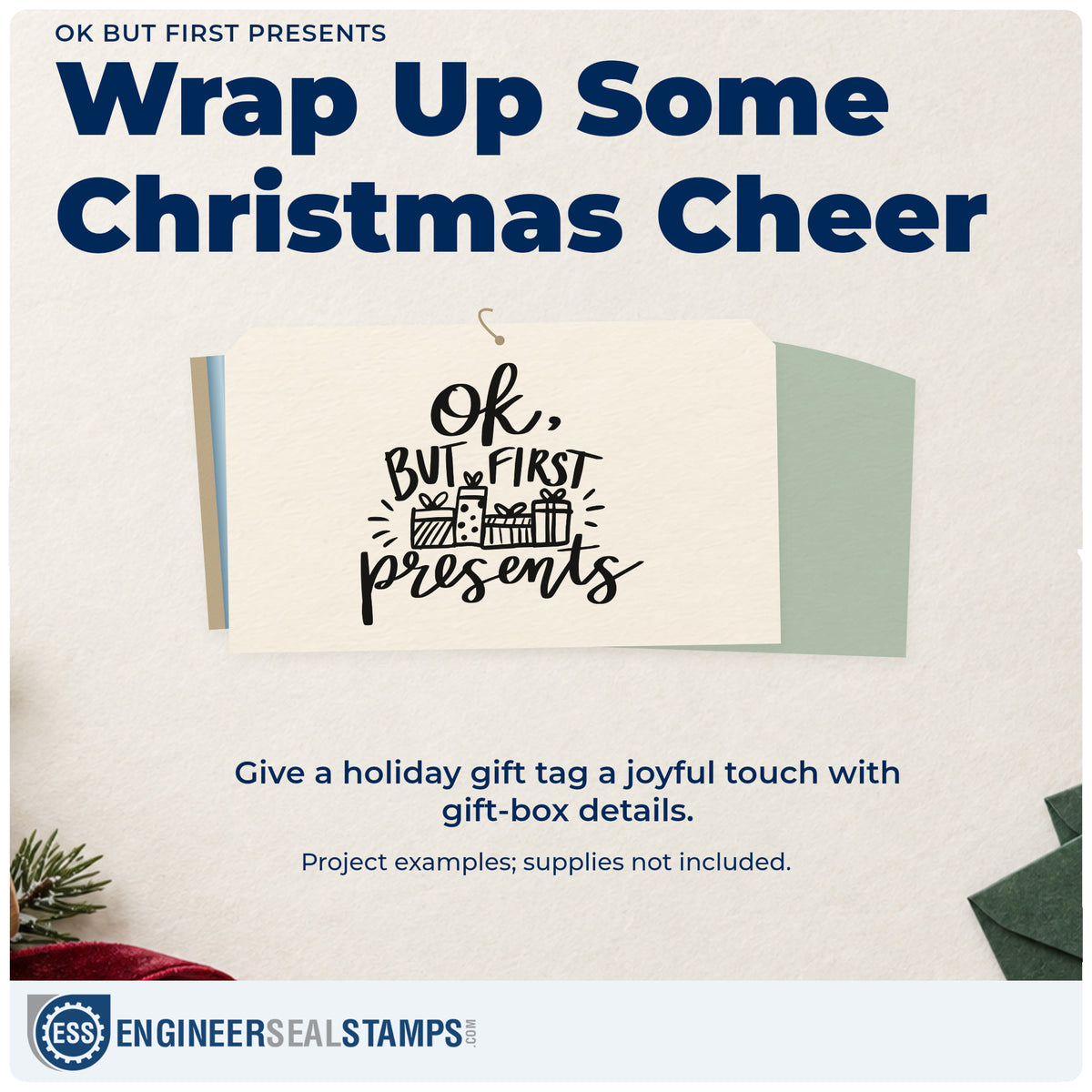 A finished handmade project stamped with the OK But First Presents Gift Box Self-Inking Stamp, ideal for opening order tags.