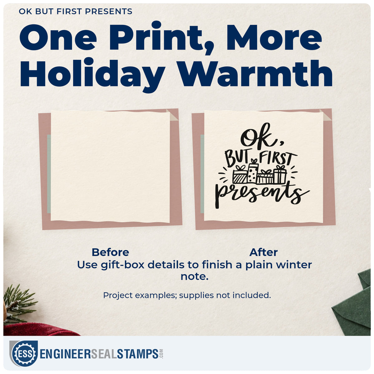 Before and after of a plain item finished with the OK But First Presents Gift Box Self-Inking Stamp, a quick upgrade for parcel tape seals.