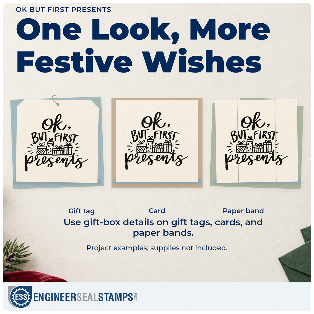 Three project examples made with the Duo Hand OK But First Presents Gift Box Rubber Stamp, including gift pile labels.