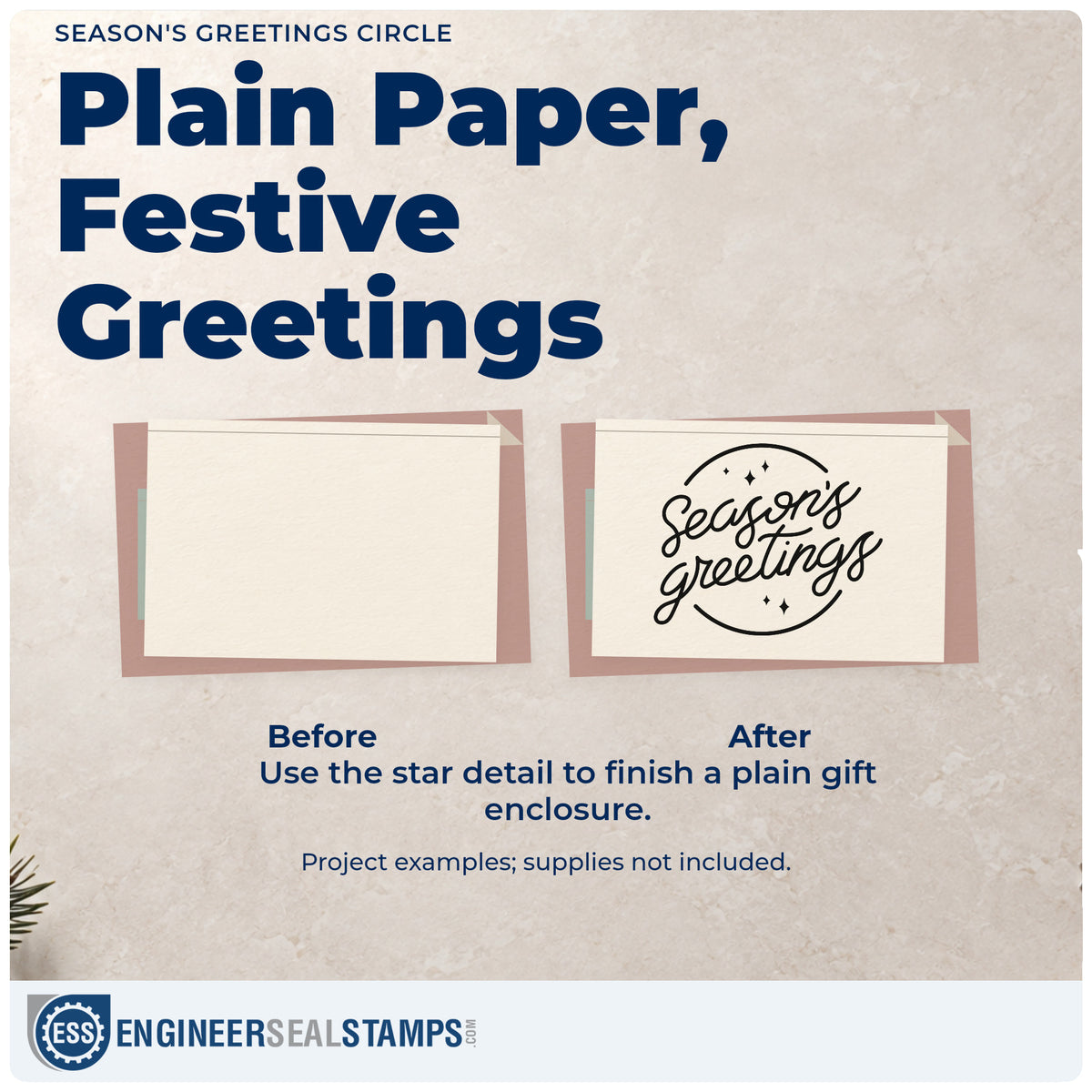 Before and after of a plain item finished with the Season's Greetings Circle Rubber Stamp – Wood Handle, a quick upgrade for envelope flap seals.