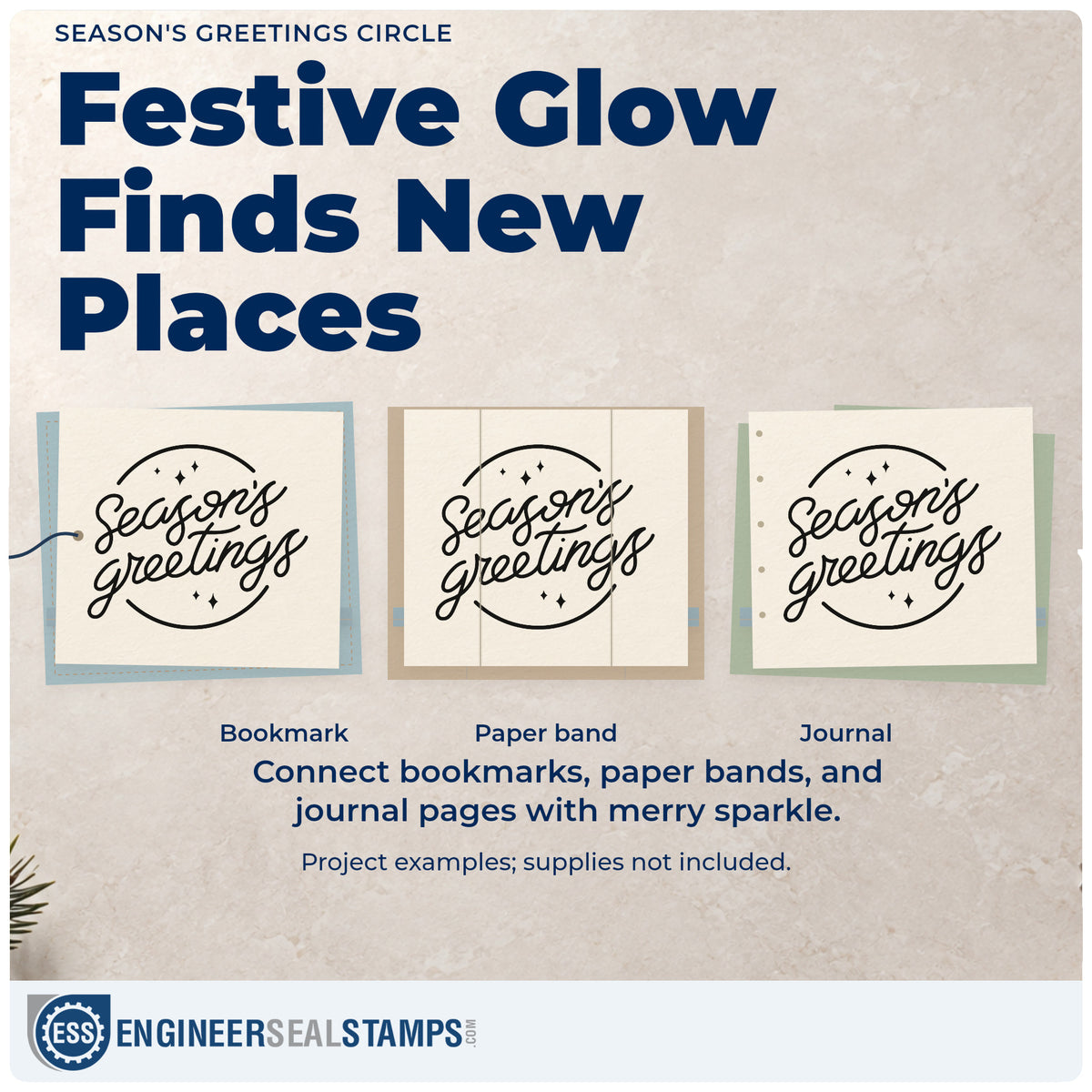 Three project examples made with the Season's Greetings Circle Hand Stamp – Duo, including corporate box labels.