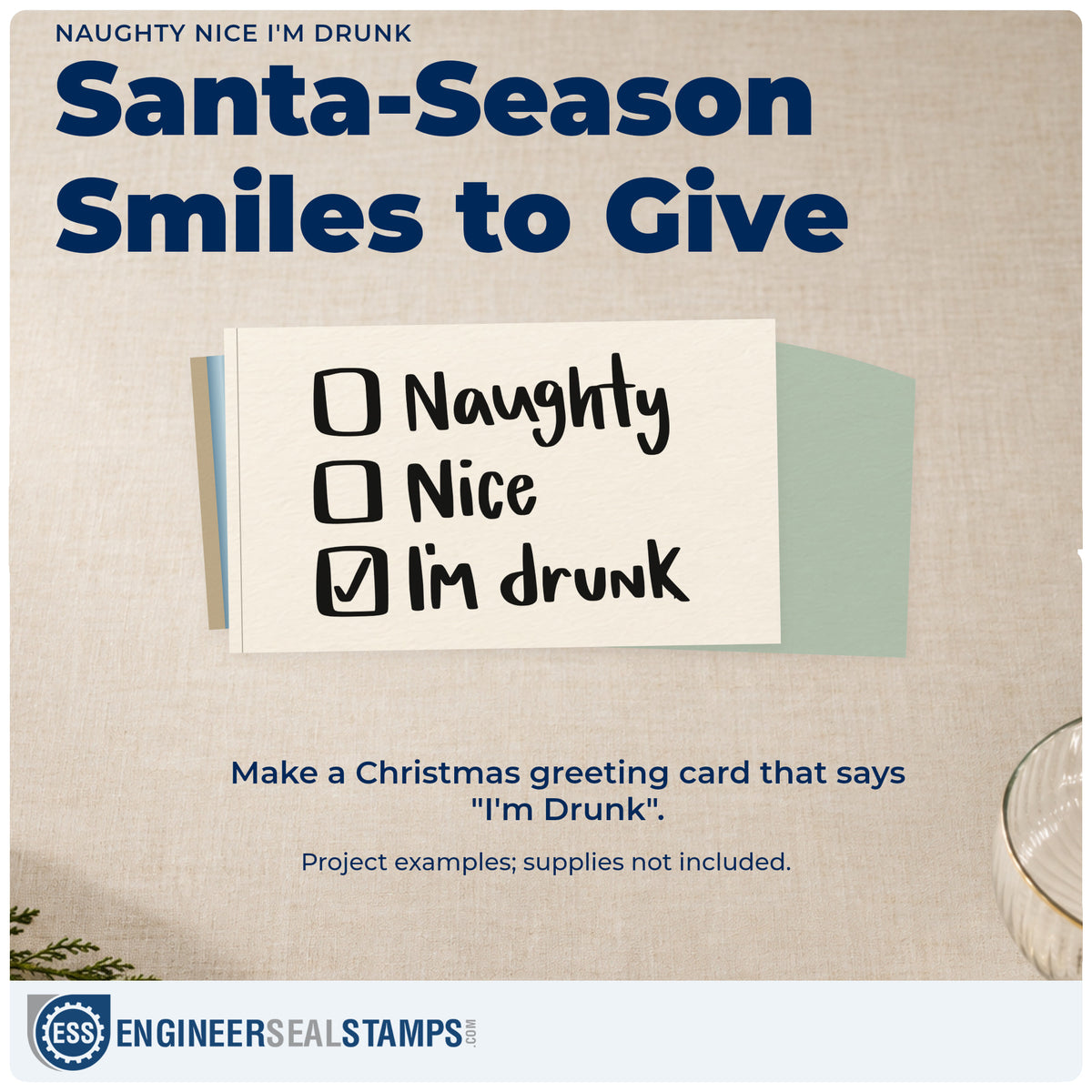 A finished handmade project stamped with the Naughty Or Nice Drunk Checklist Rubber Stamp – Wood Handle, ideal for party invite tags.